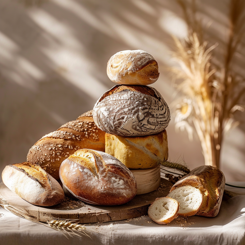 un photoshoot artistique représentant différents type de pains. Le pain de campagne - Le Campagne, Le blé pop, et le Kalamata. Cela représente le service de réservation de pain de OSTAJ - On S'Tient Au Jus
